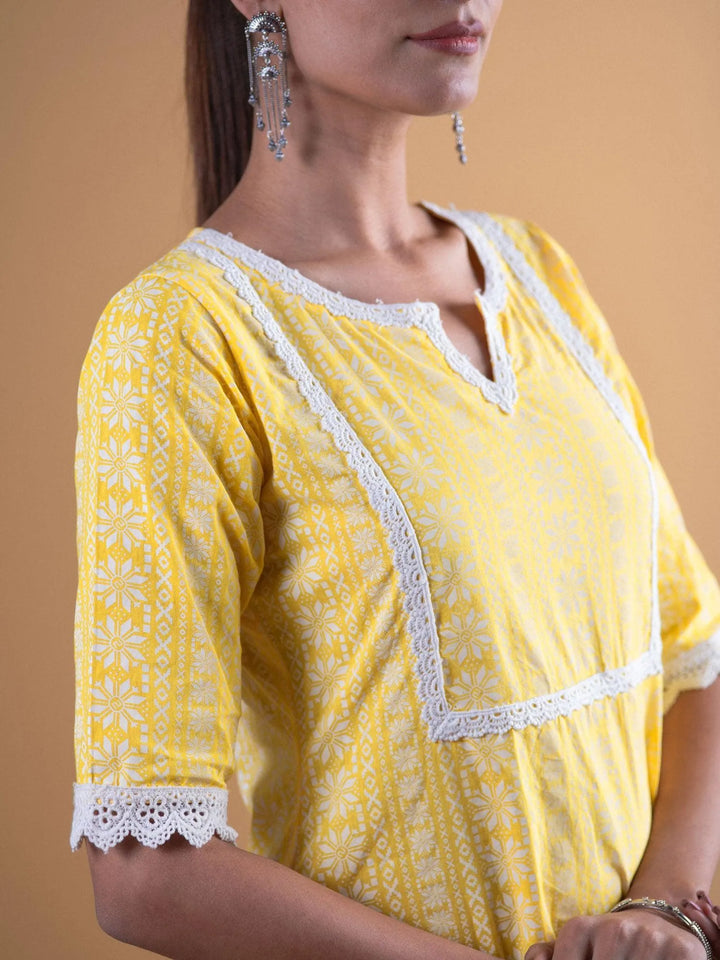 Yellow Printed Cotton Kurta - Libas