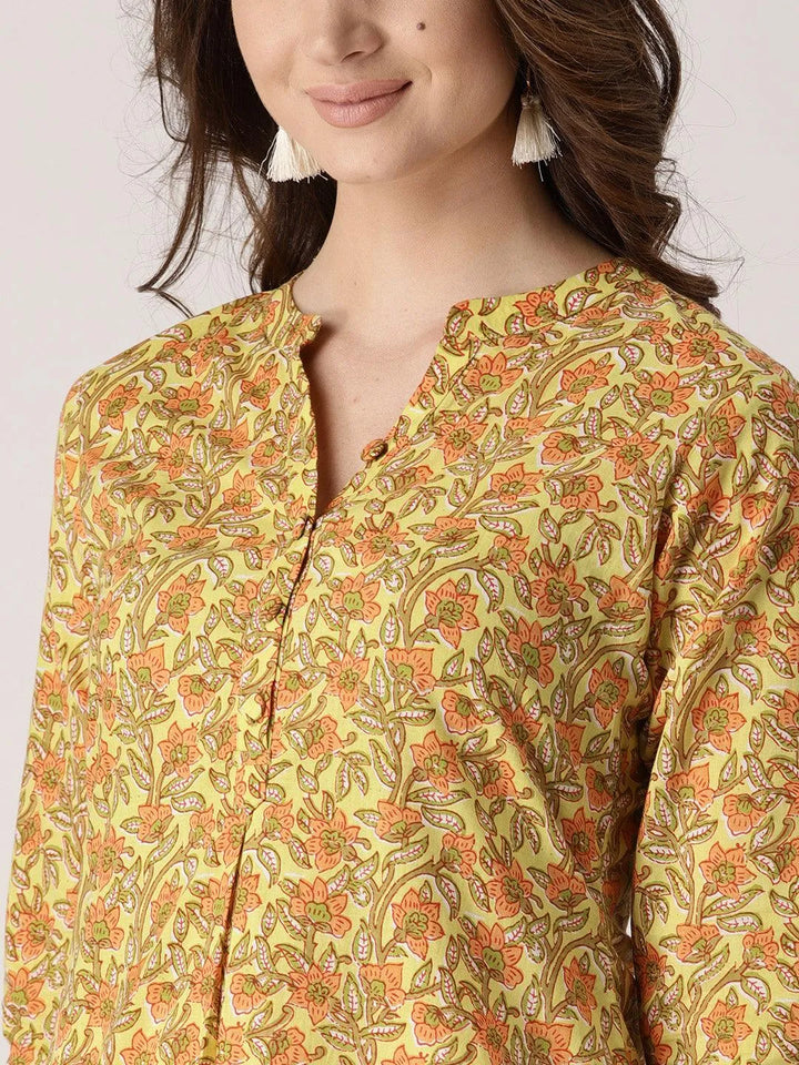 Yellow Printed Cotton Kurta - Libas