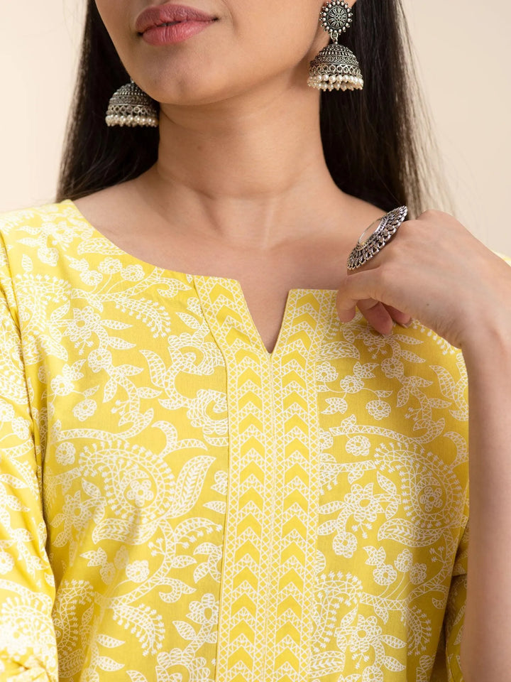 Yellow Printed Cotton Kurta - Libas