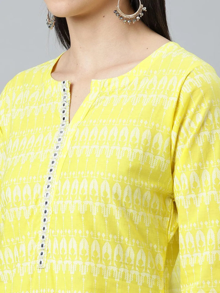 Yellow Printed Cotton Kurta - Libas