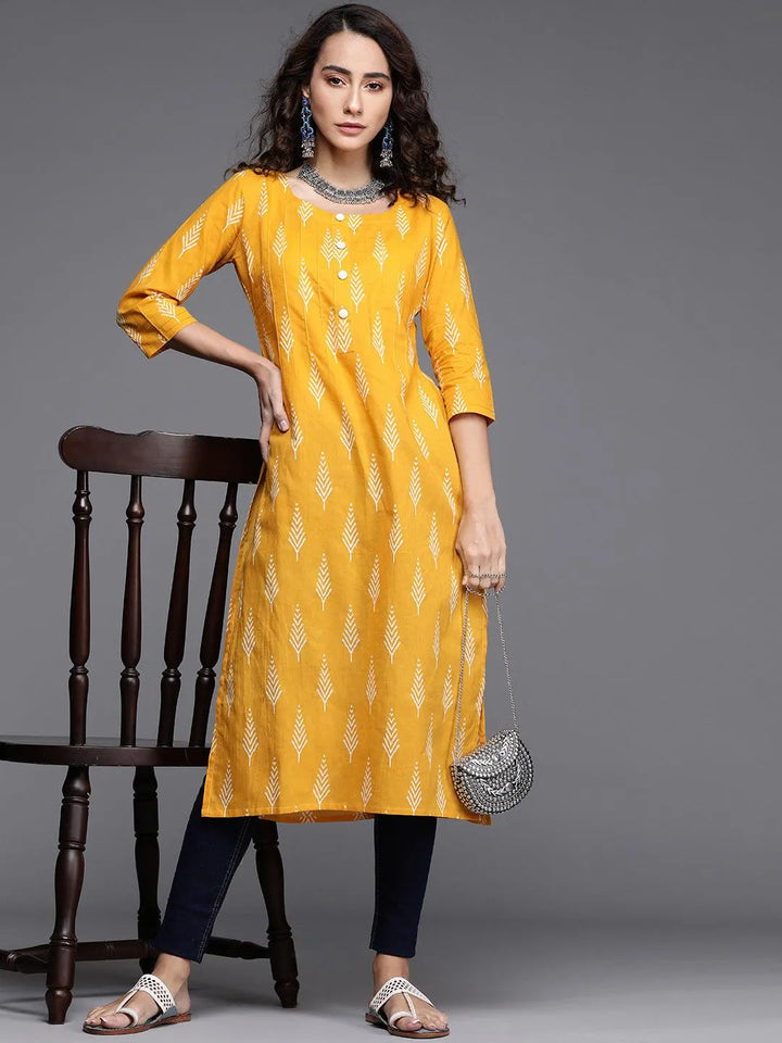 Yellow Printed Cotton Kurta - Libas