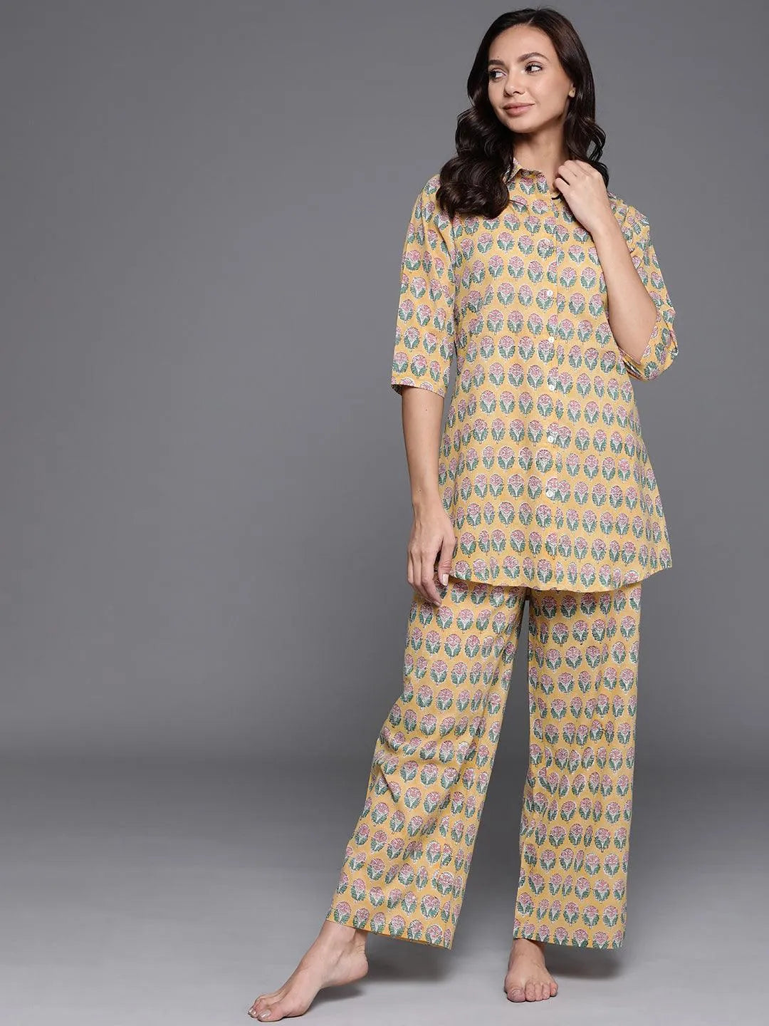 Yellow Printed Cotton Night Suit - Libas