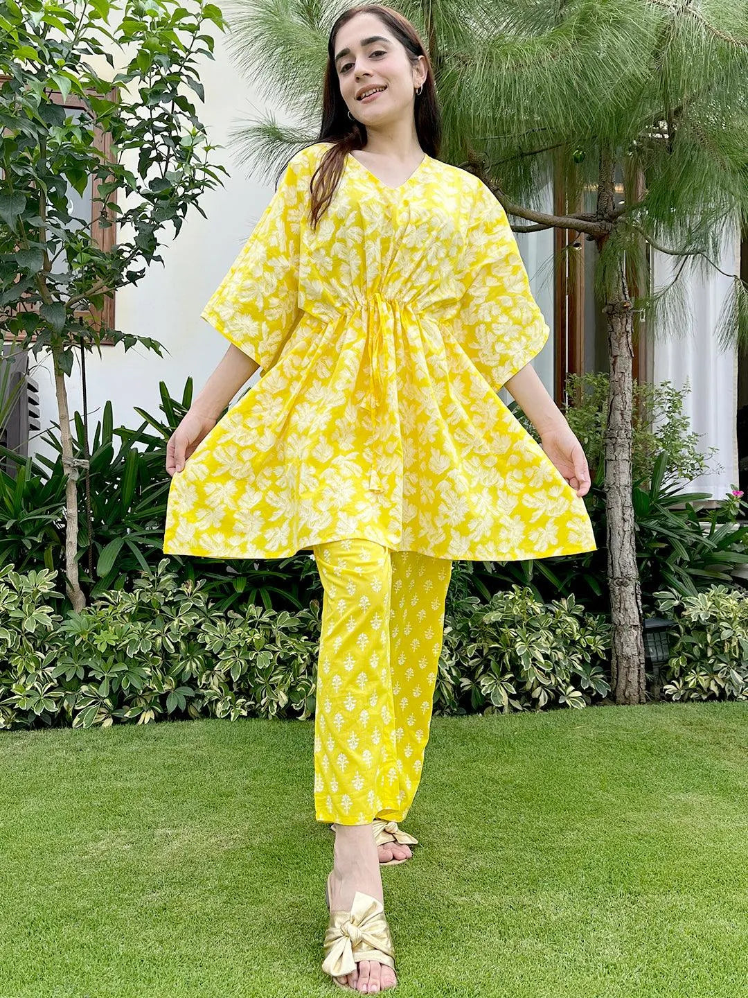 Yellow Printed Cotton Night Suit - Libas 