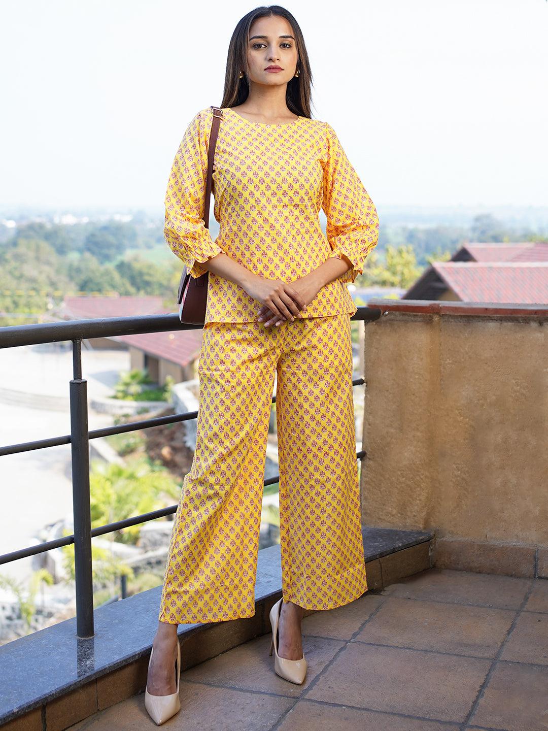 Yellow Printed Cotton Night Suit - Libas