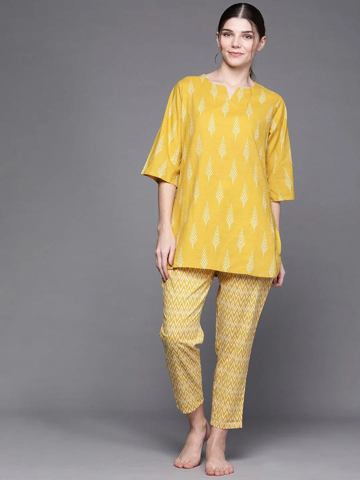 Yellow Printed Cotton Night Suit - Libas