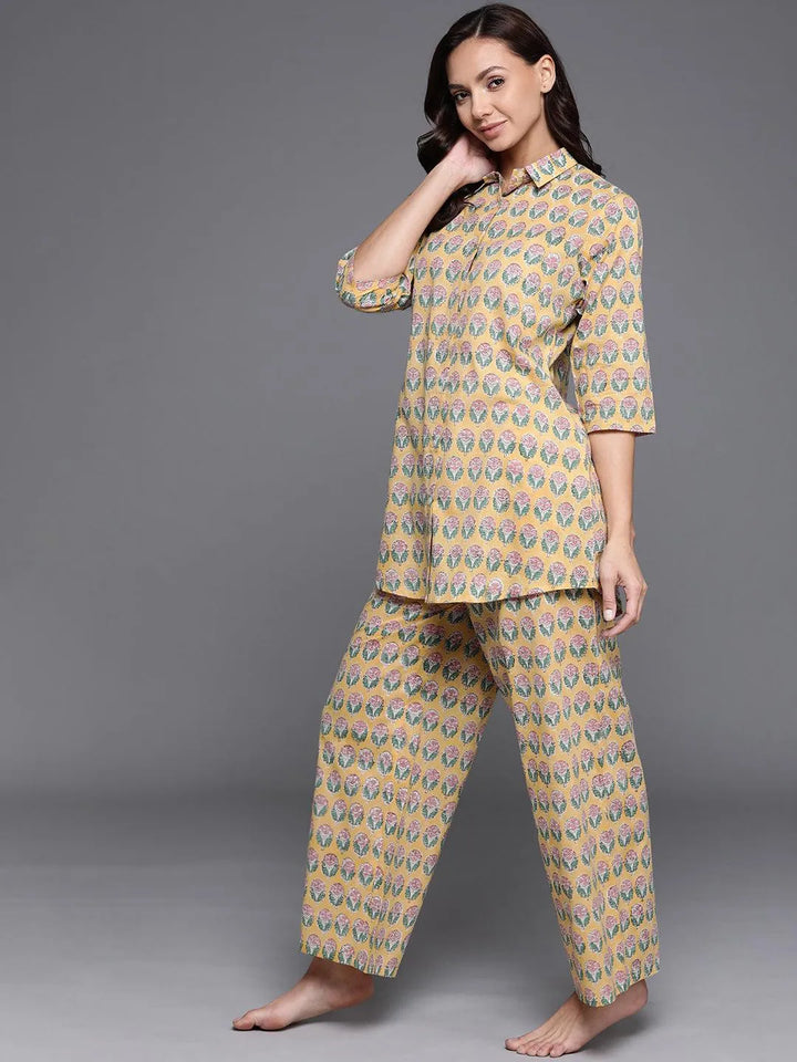 Yellow Printed Cotton Night Suit - Libas