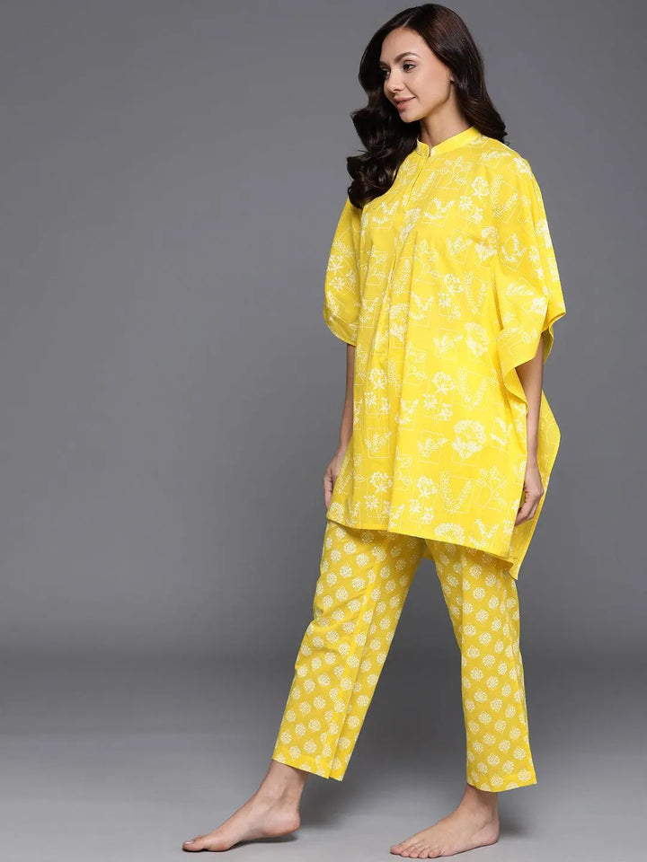 Yellow Printed Cotton Night Suit - Libas