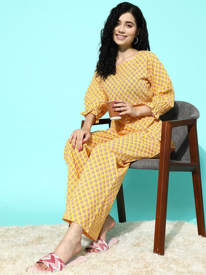 Yellow Printed Cotton Night Suit - Libas