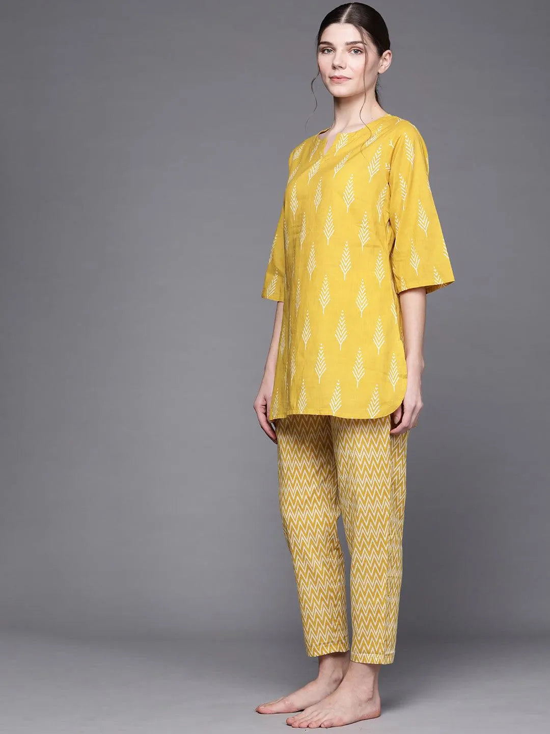 Yellow Printed Cotton Night Suit - Libas 