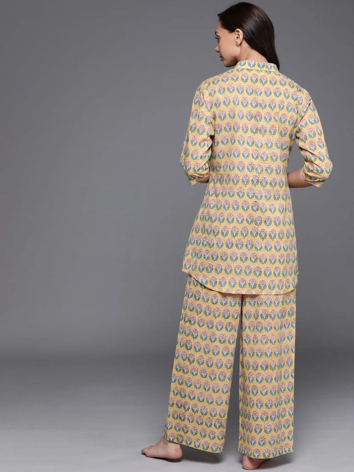 Yellow Printed Cotton Night Suit - Libas