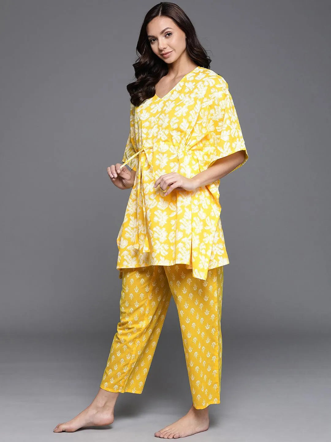 Yellow Printed Cotton Night Suit - Libas