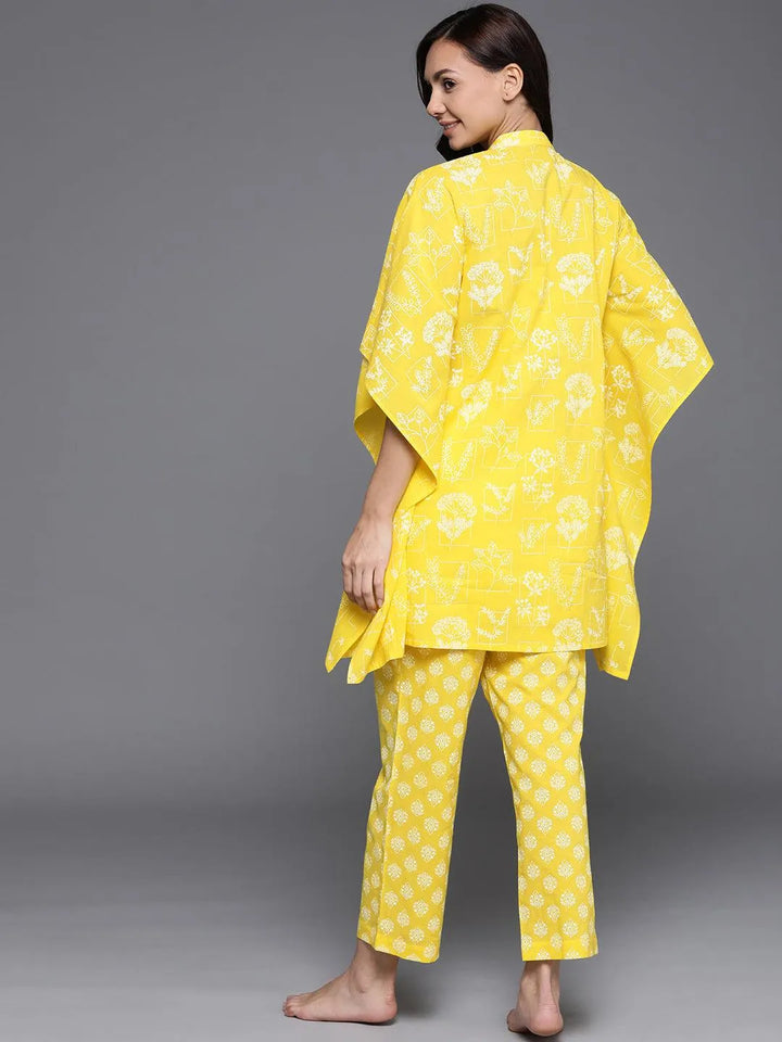 Yellow Printed Cotton Night Suit - Libas