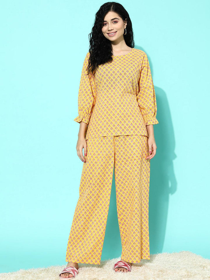 Yellow Printed Cotton Night Suit - Libas