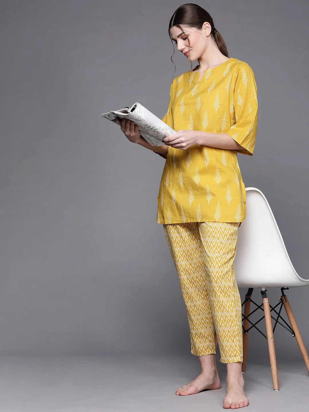 Yellow Printed Cotton Night Suit - Libas