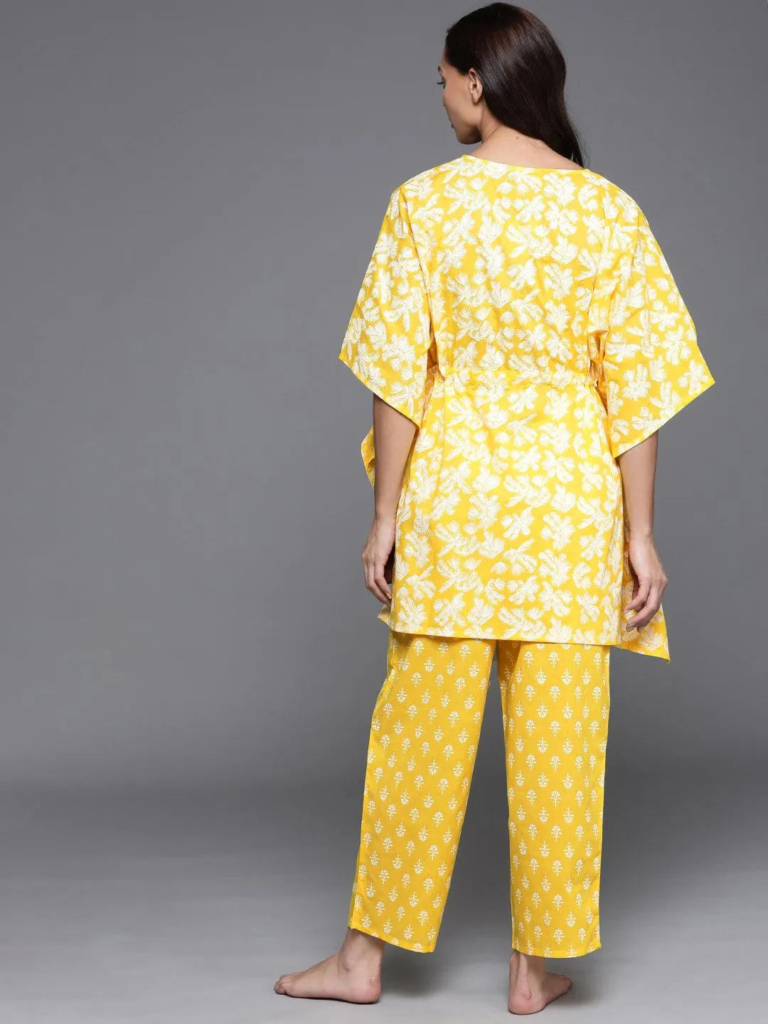 Yellow Printed Cotton Night Suit - Libas 