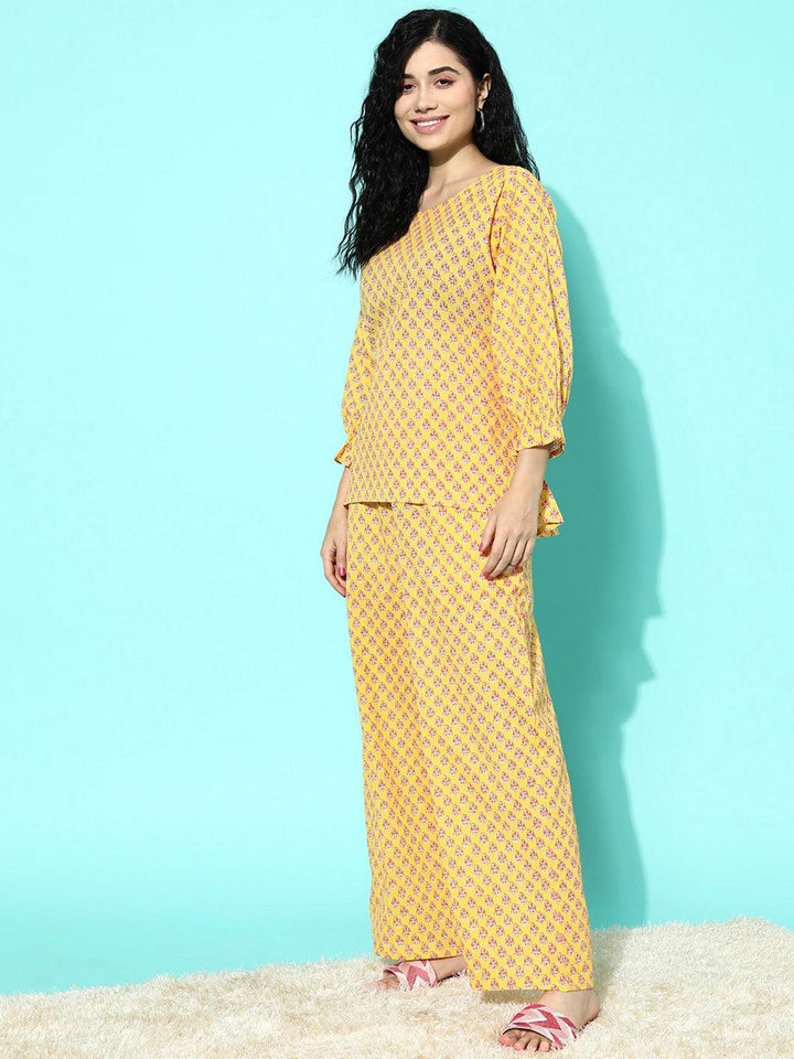 Yellow Printed Cotton Night Suit - Libas