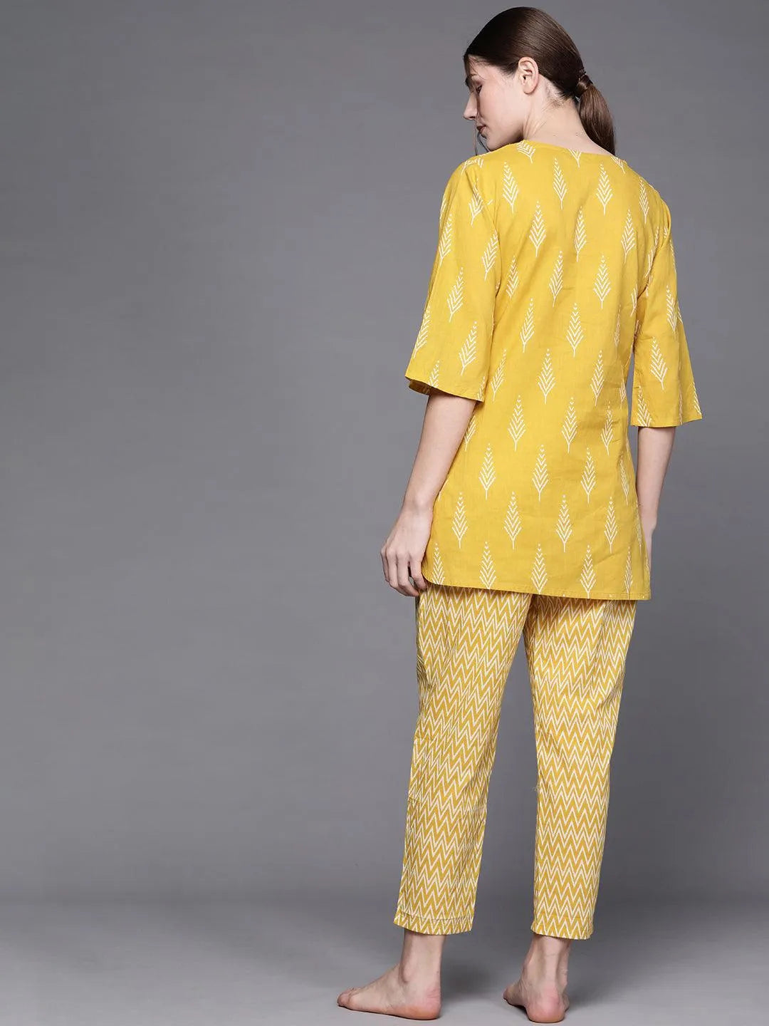 Yellow Printed Cotton Night Suit - Libas 