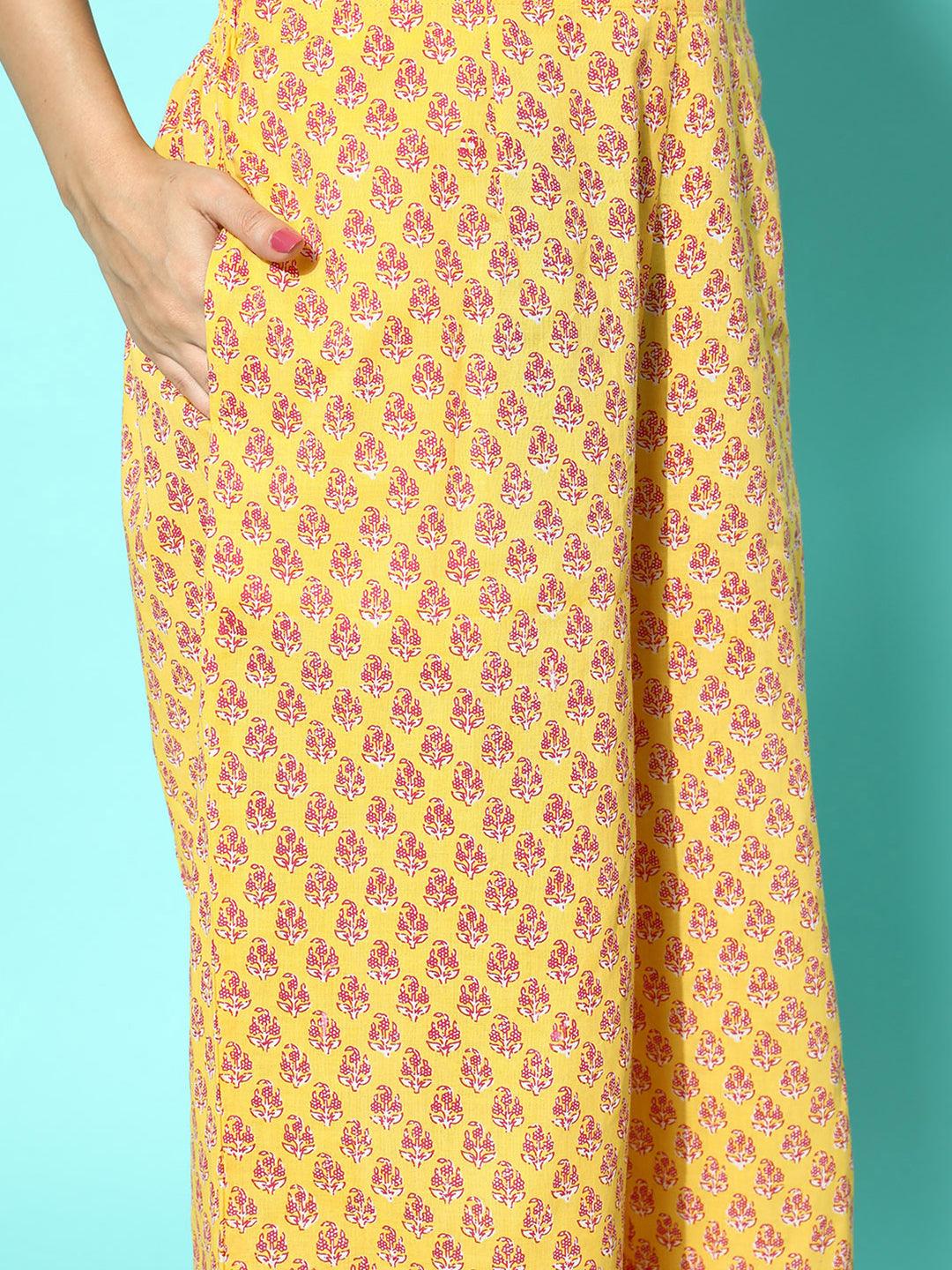 Yellow Printed Cotton Night Suit - Libas