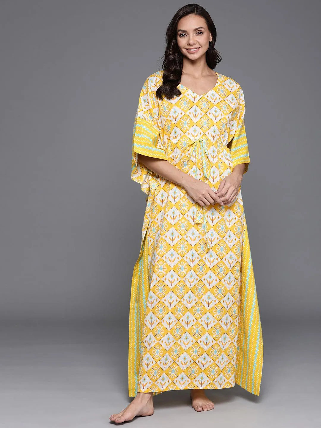 Yellow Printed Cotton Nightdress - Libas