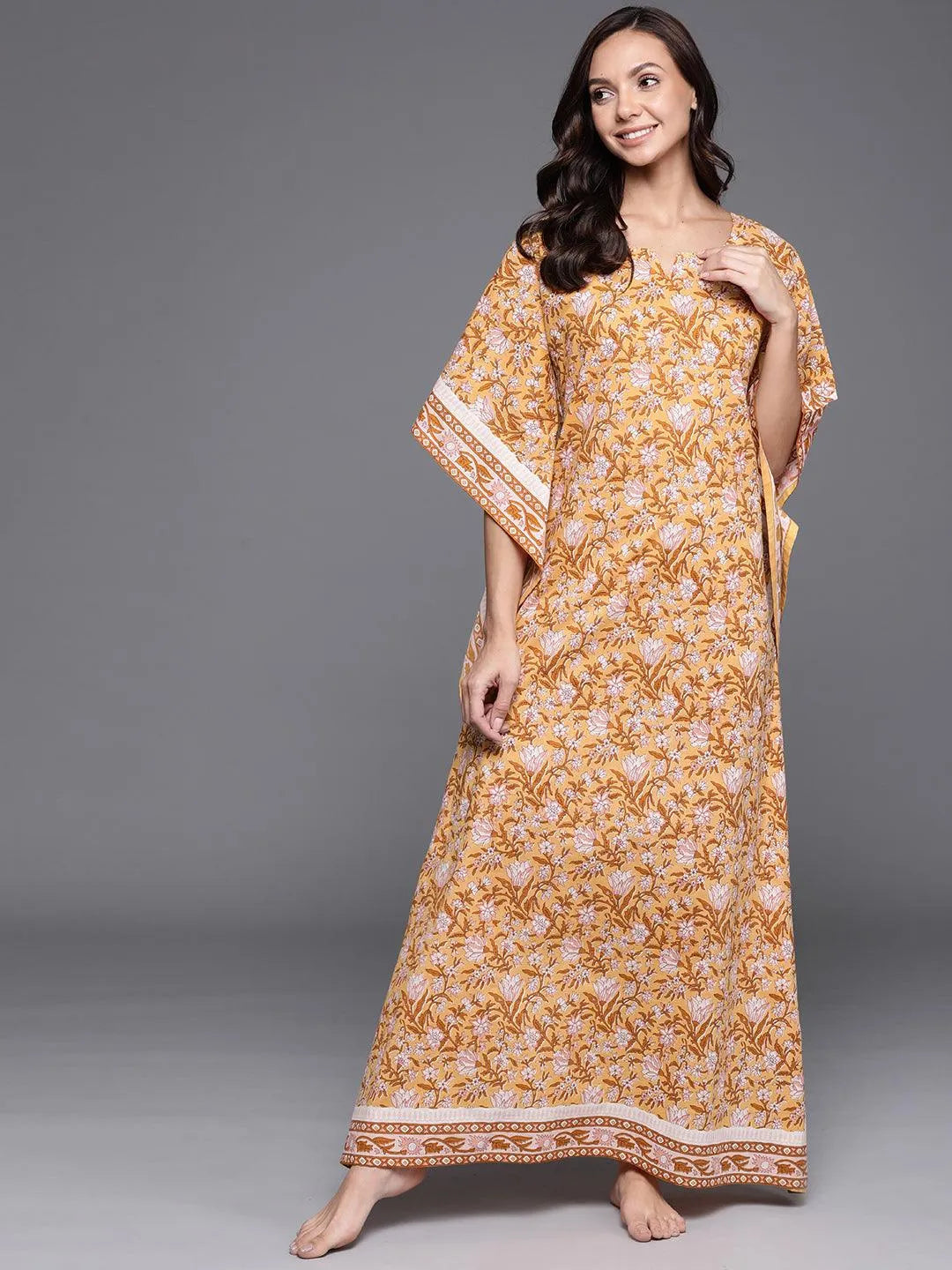 Yellow Printed Cotton Nightdress - Libas