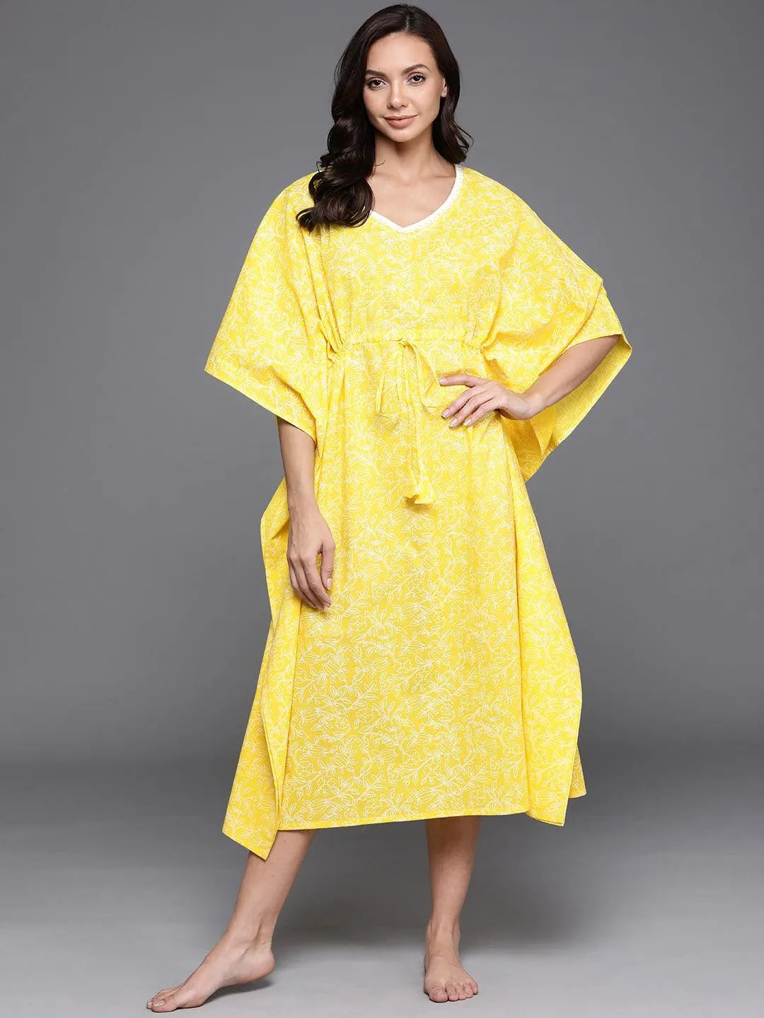 Yellow Printed Cotton Nightdress - Libas