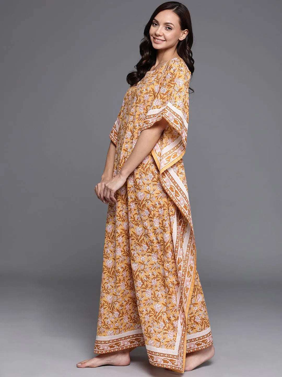 Yellow Printed Cotton Nightdress - Libas