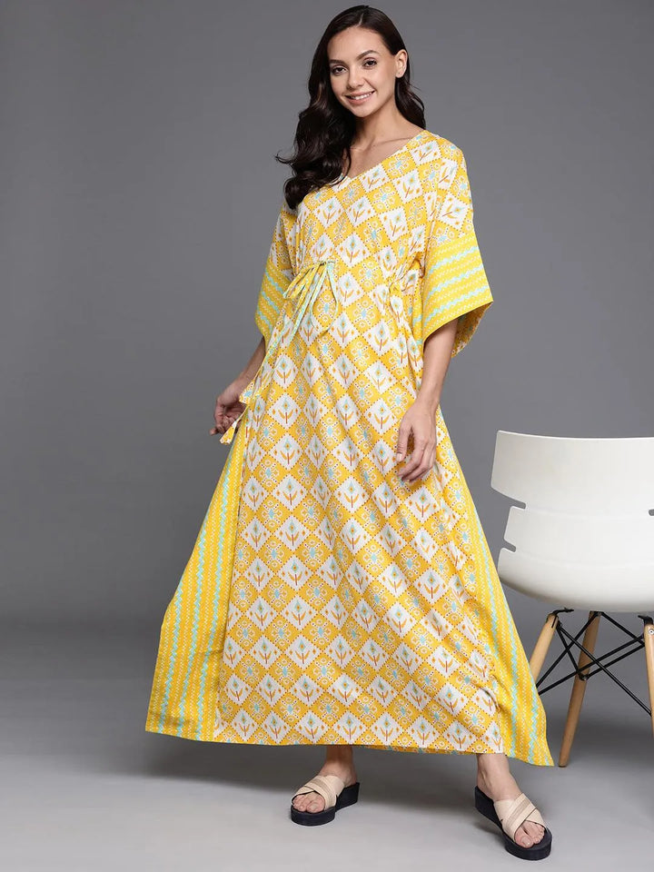 Yellow Printed Cotton Nightdress - Libas