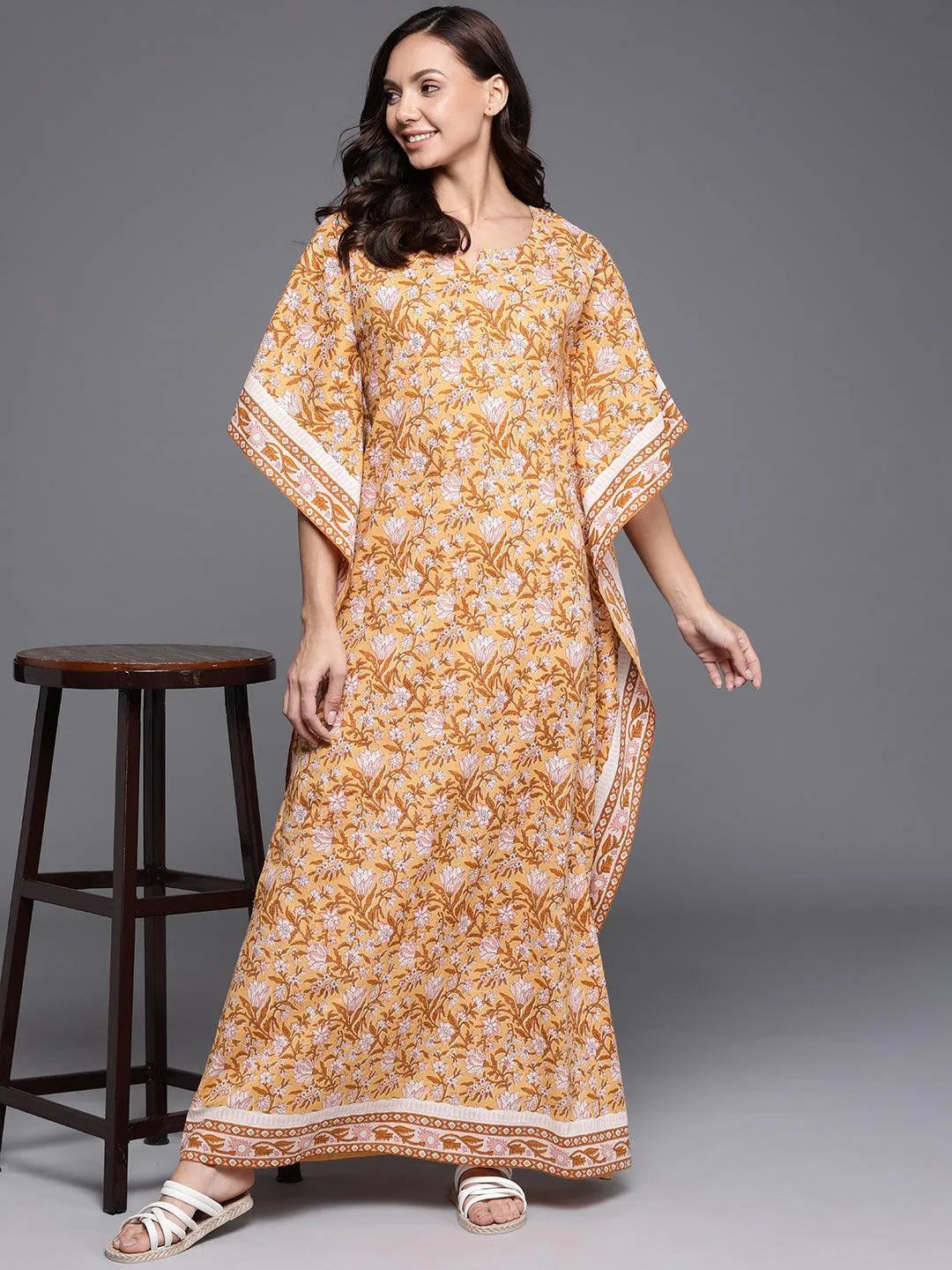 Yellow Printed Cotton Nightdress - Libas