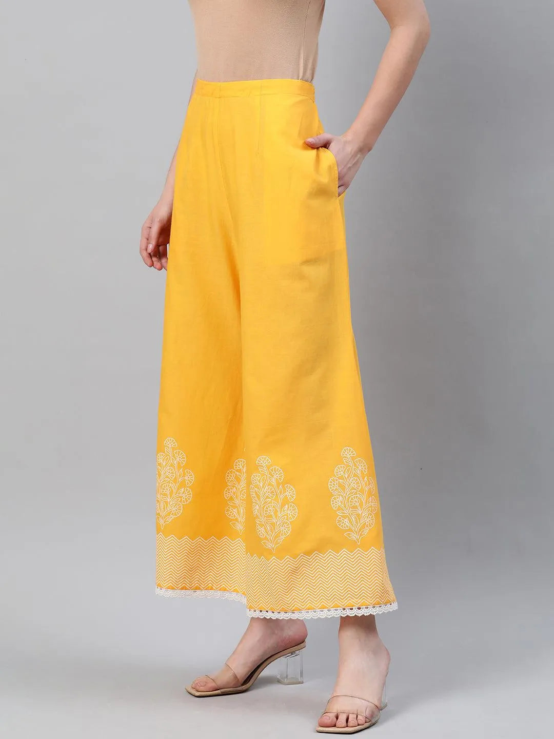 Yellow Printed Cotton Palazzos - Libas