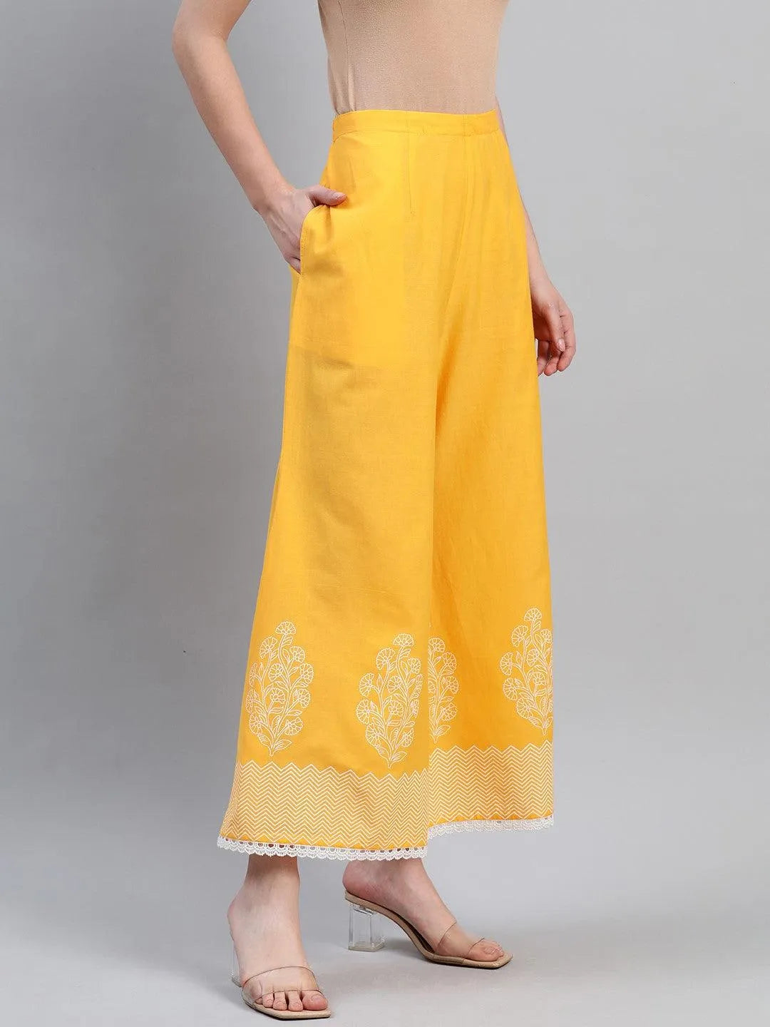 Yellow Printed Cotton Palazzos - Libas