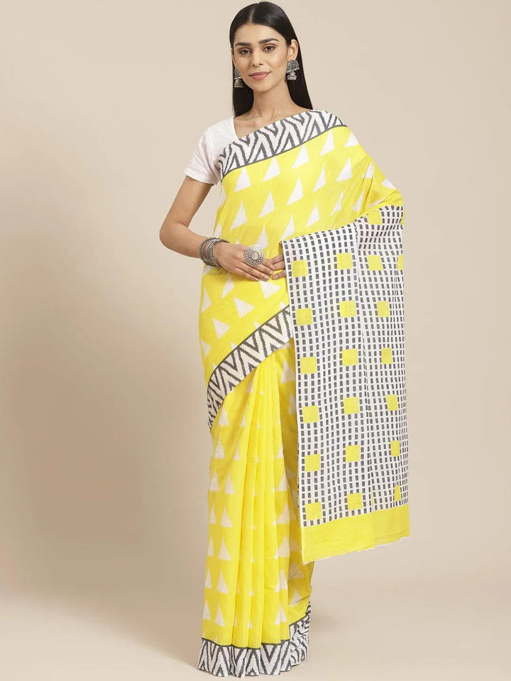 Yellow Printed Cotton Saree - Libas