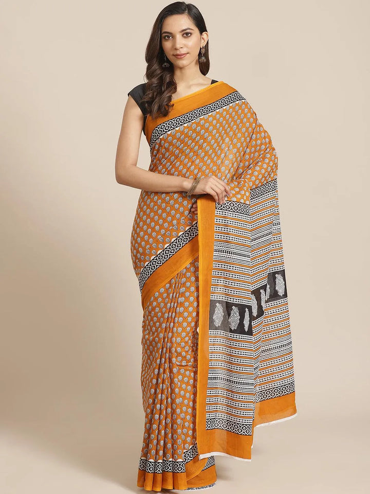 Yellow Printed Cotton Saree - Libas