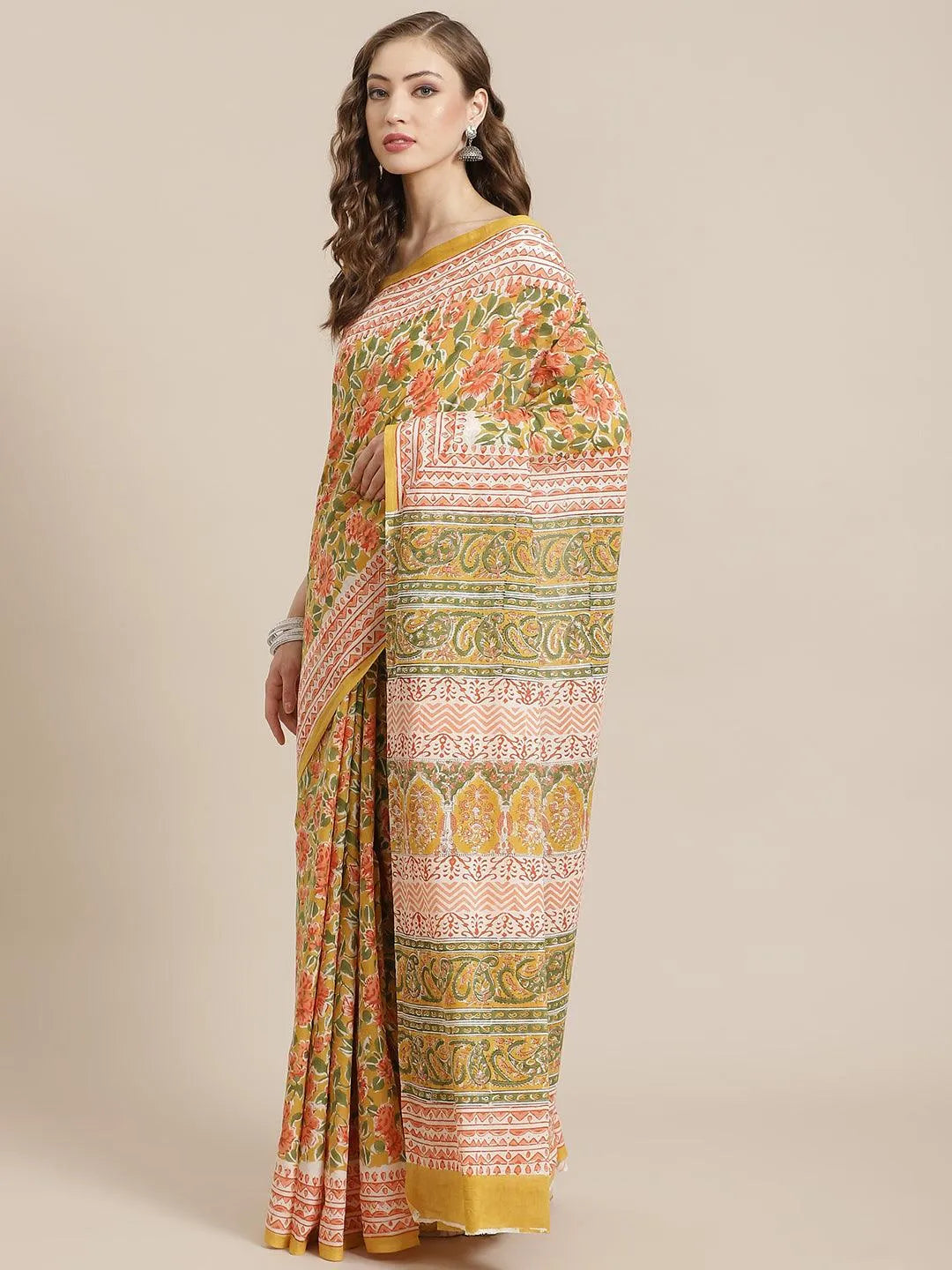 Yellow Printed Cotton Saree - Libas