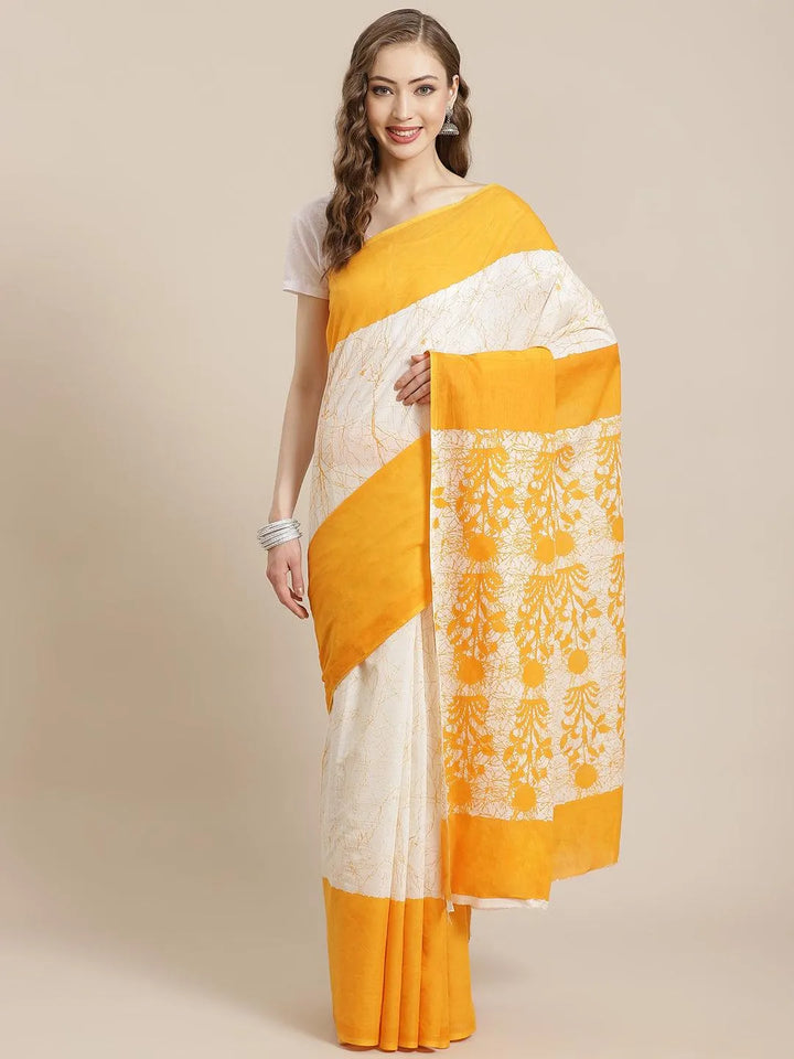 Yellow Printed Cotton Saree - Libas