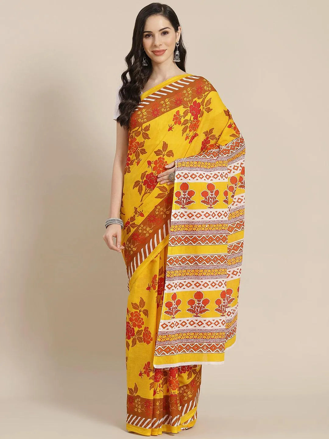 Yellow Printed Cotton Saree - Libas