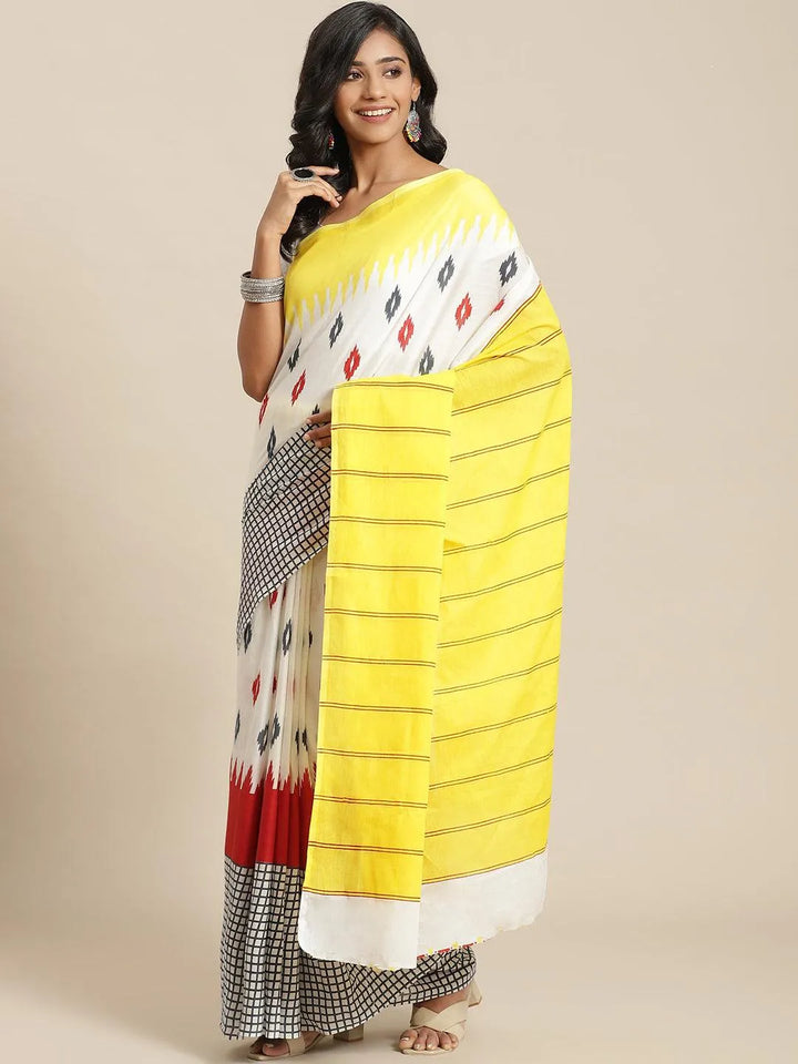 Yellow Printed Cotton Saree - Libas