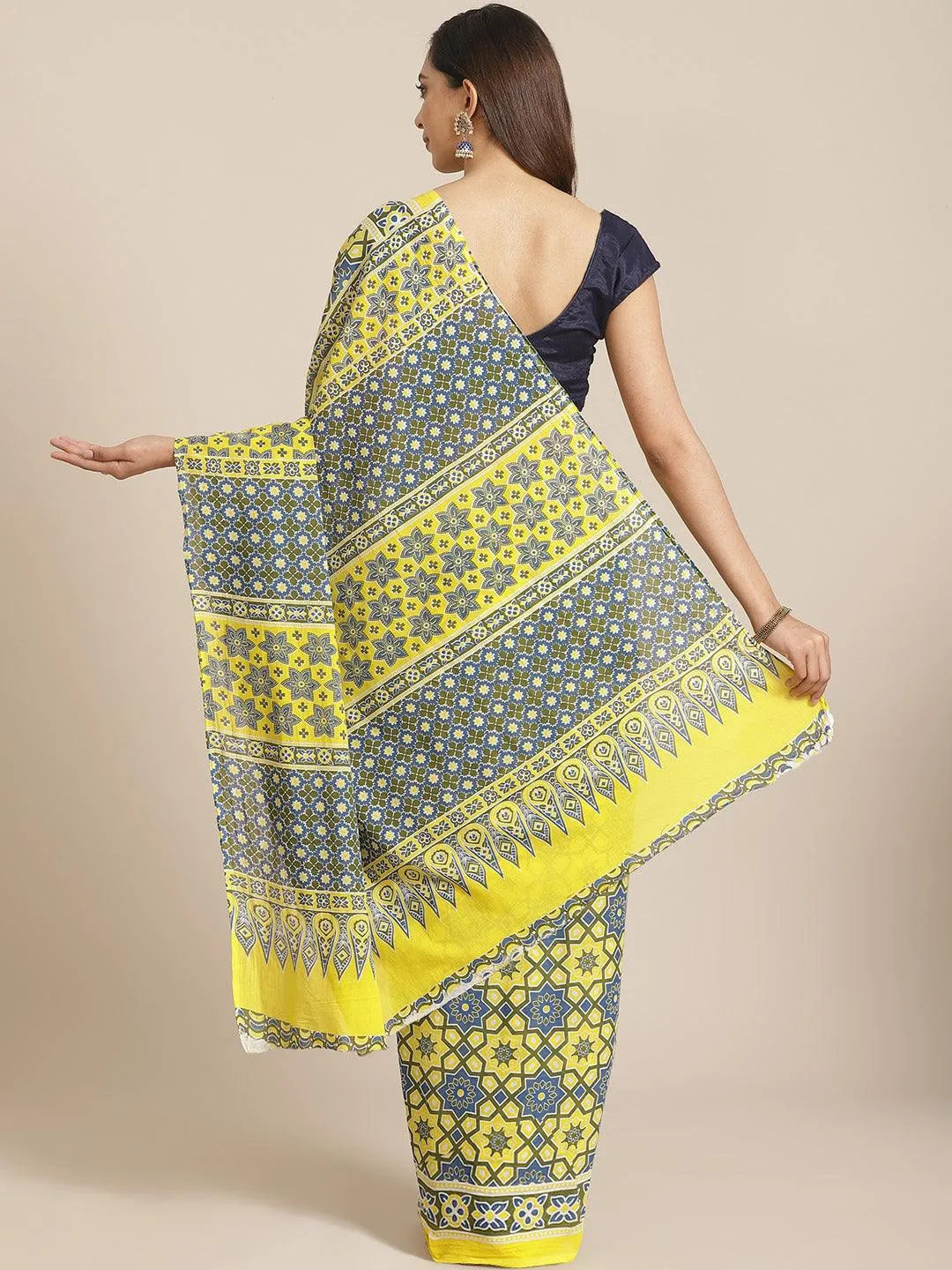 Yellow Printed Cotton Saree - Libas