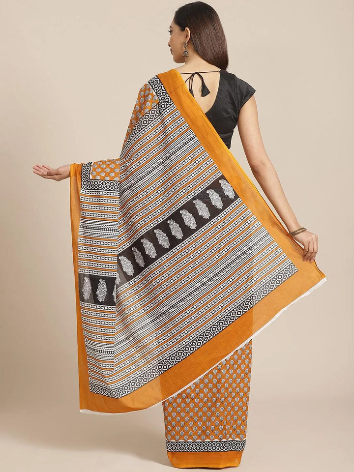 Yellow Printed Cotton Saree - Libas