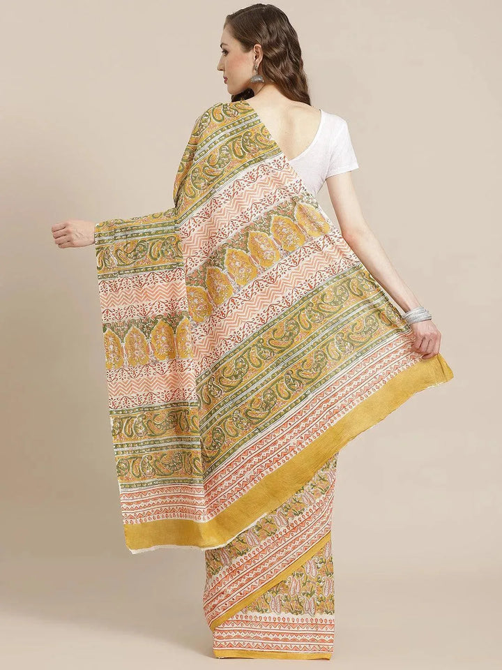 Yellow Printed Cotton Saree - Libas