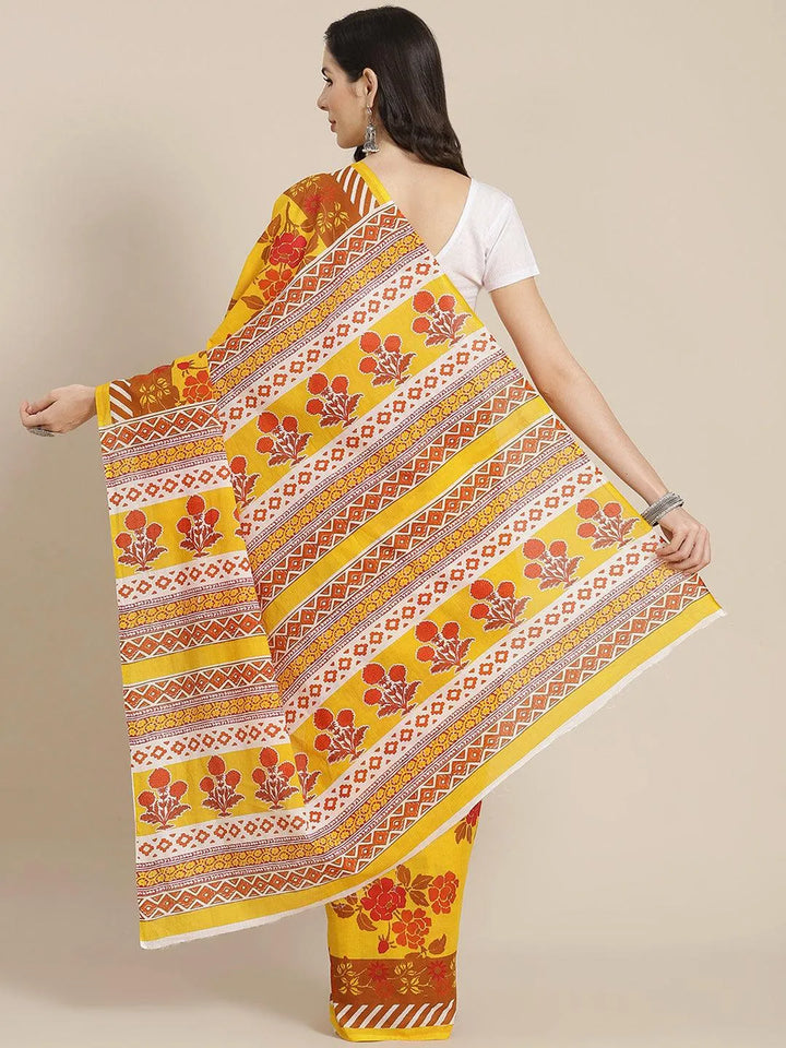 Yellow Printed Cotton Saree - Libas