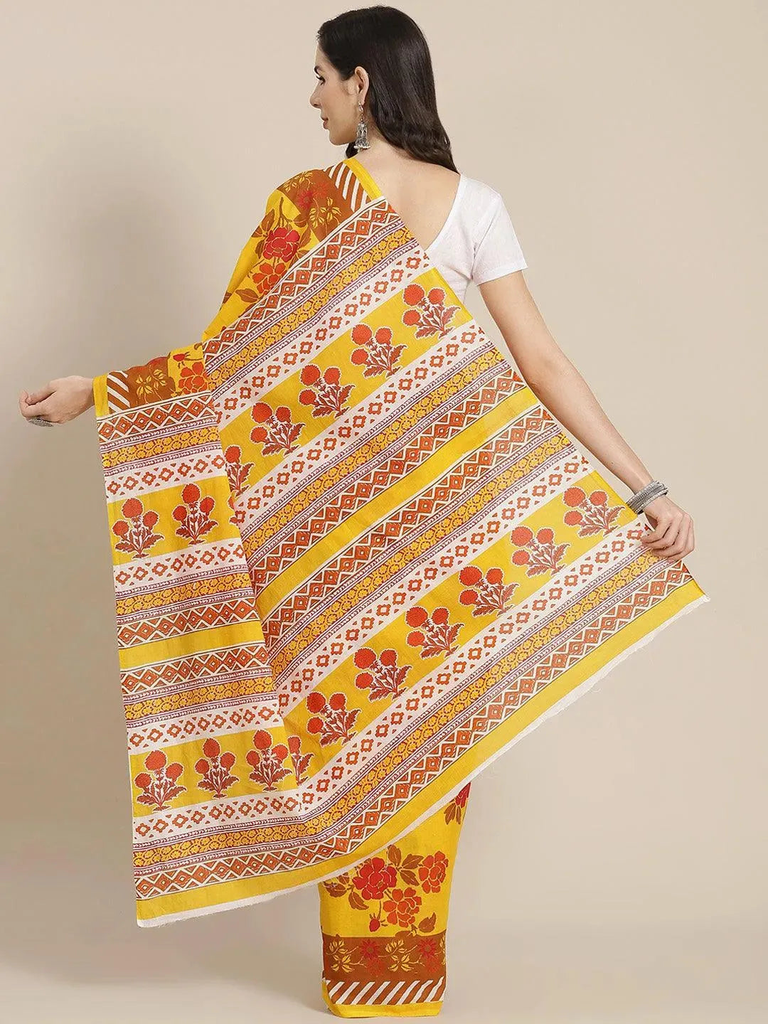 

Buy Yellow Printed Cotton Saree - 14567 | Libas Ethnic Wear Online