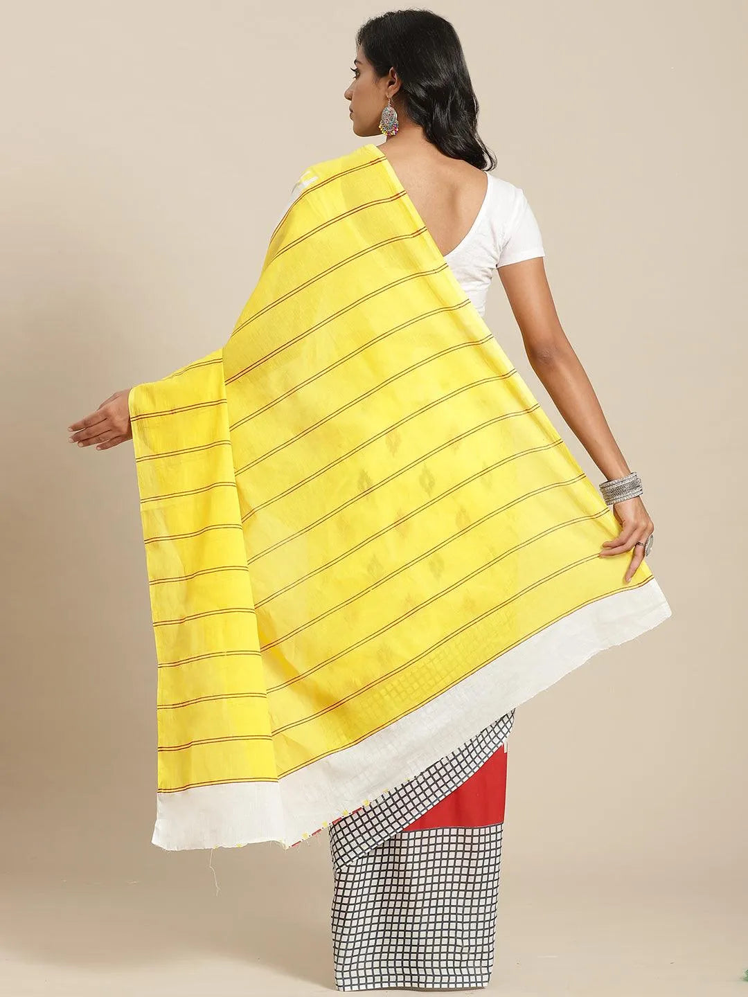 Yellow Printed Cotton Saree - Libas