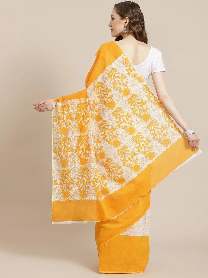 Yellow Printed Cotton Saree - Libas