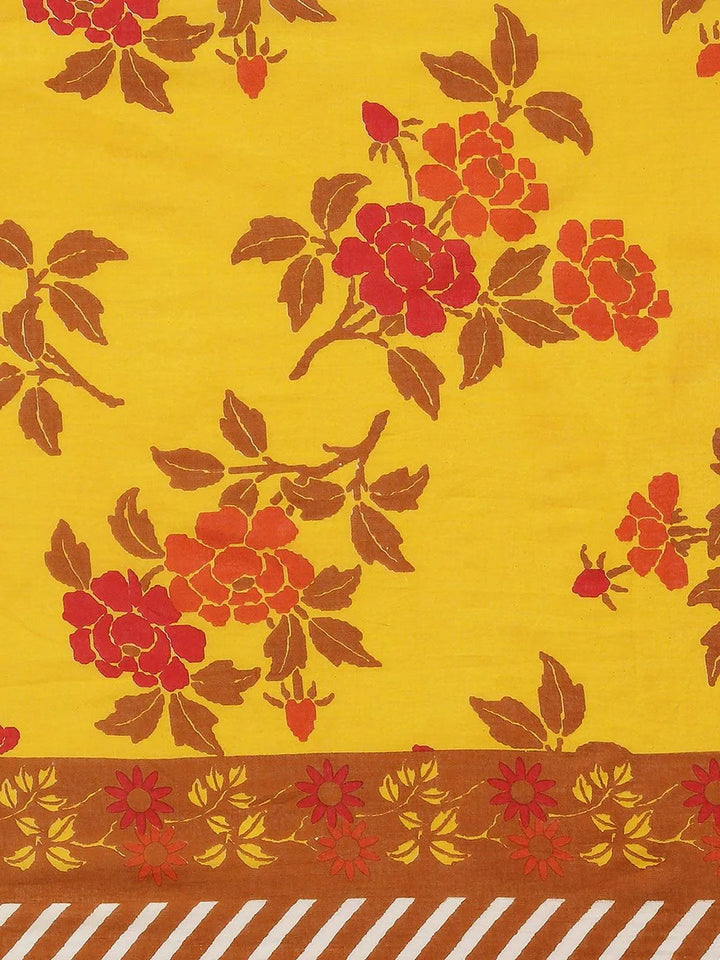 Yellow Printed Cotton Saree - Libas