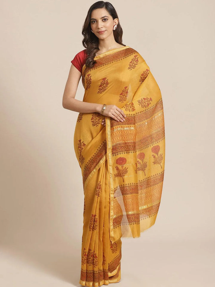 Yellow Printed Cotton Silk Saree - Libas