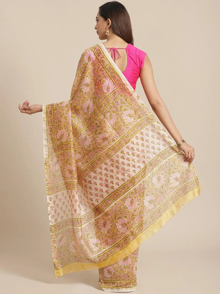 Yellow Printed Cotton Silk Saree - Libas