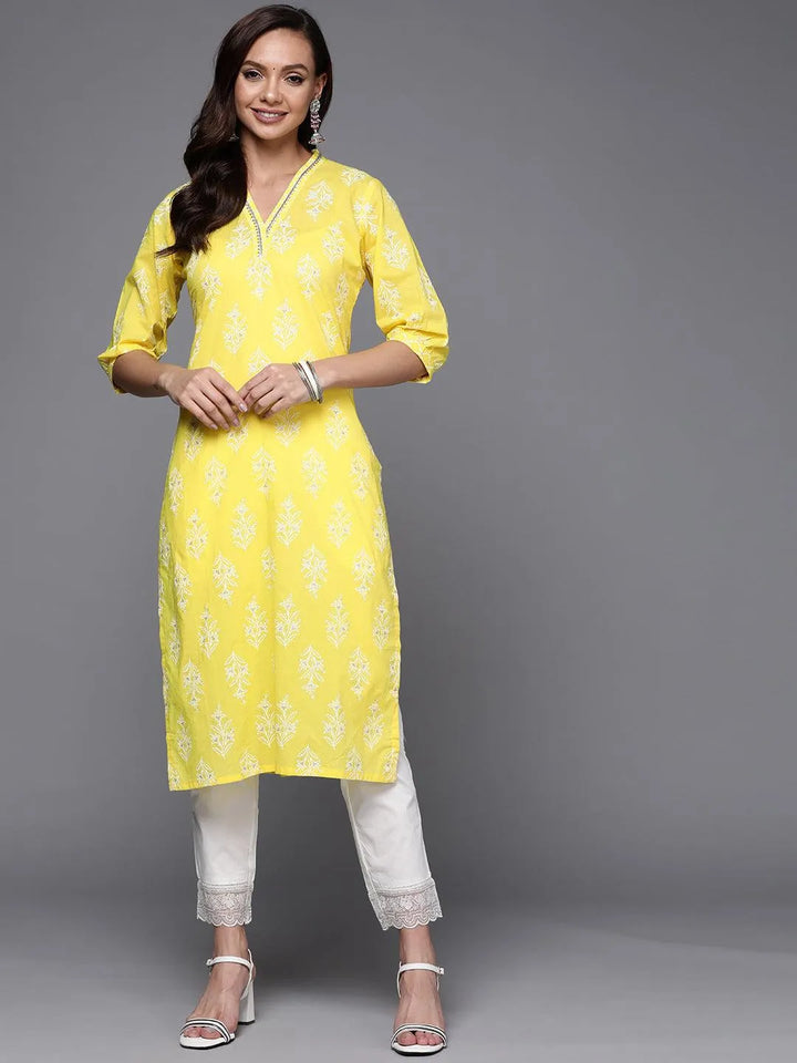 Yellow Printed Cotton Straight Kurta - Libas