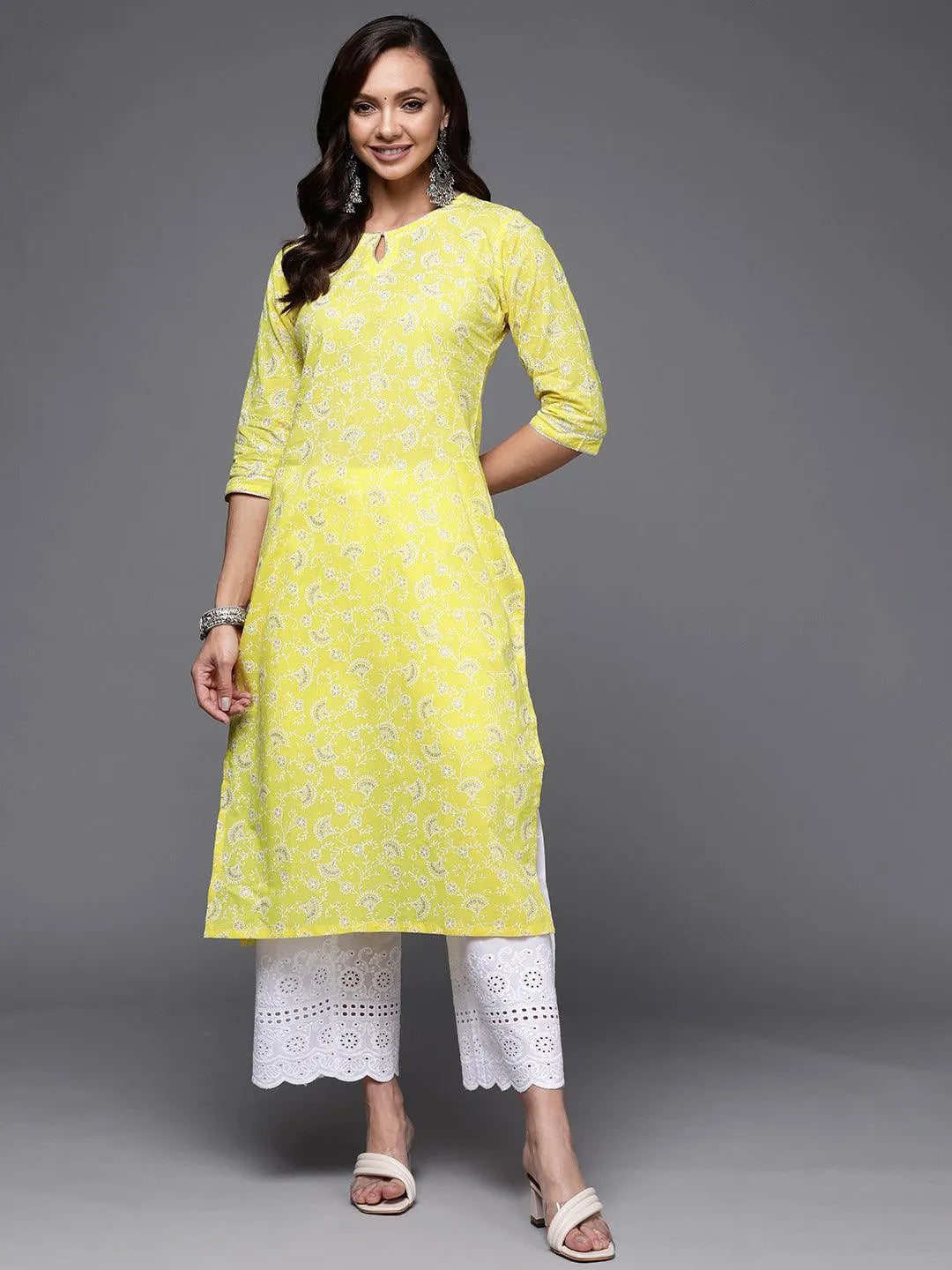 Yellow Printed Cotton Straight Kurta - Libas