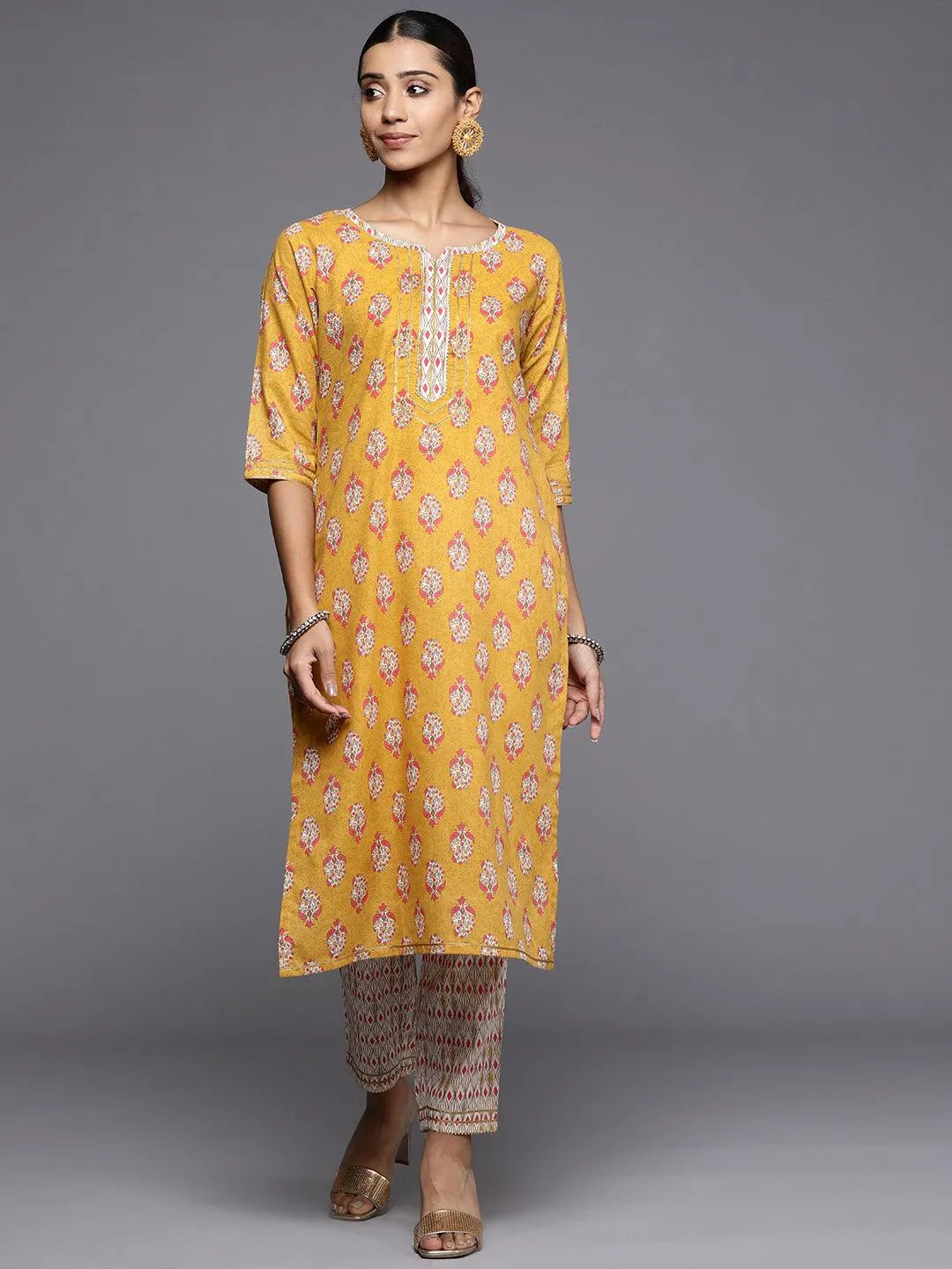 Yellow Printed Cotton Straight Kurta - Libas