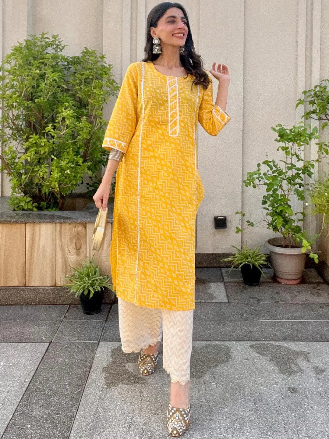 Yellow Printed Cotton Straight Kurta - Libas